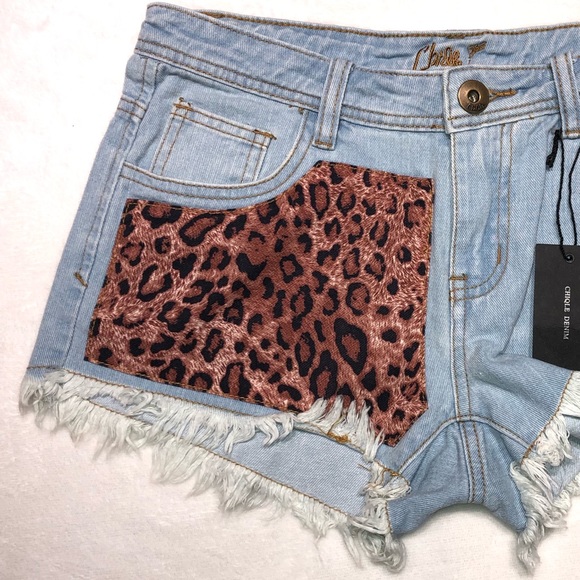 Chiqle Denim Leopard Print Patch and Studded Distressed Blue Jean Shorts - Picture 3 of 16